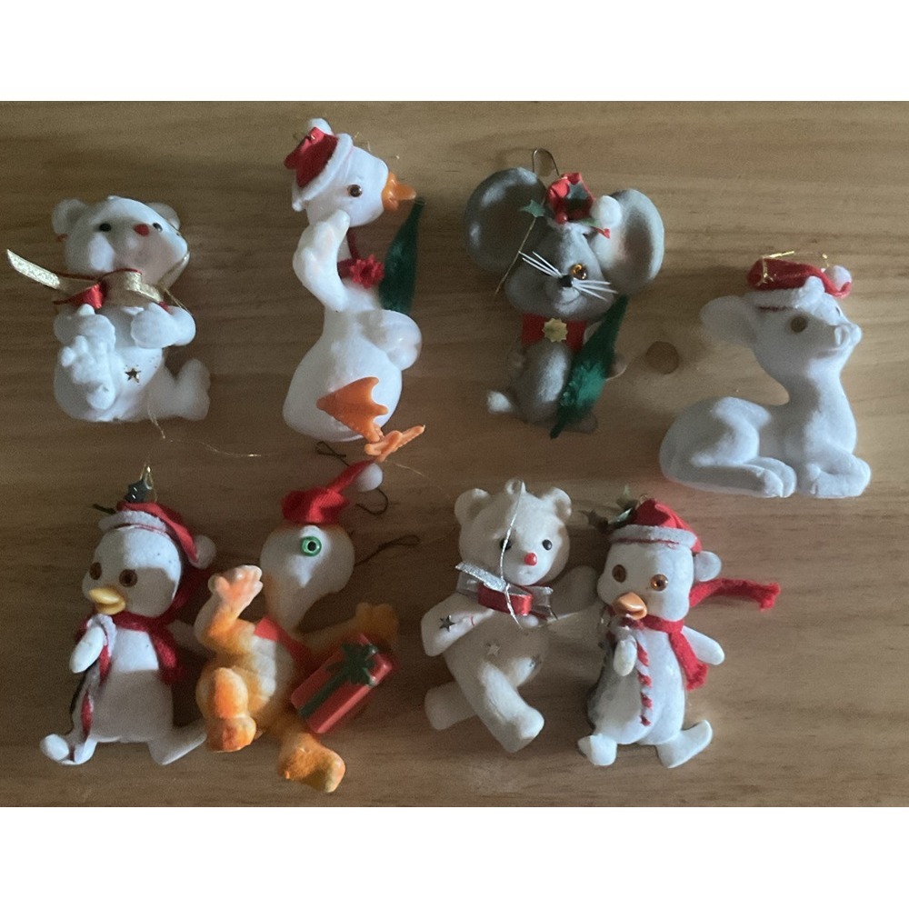 Lot Of 8 Vintage 1950s-1970s Flocked Christmas Ornaments, Animals